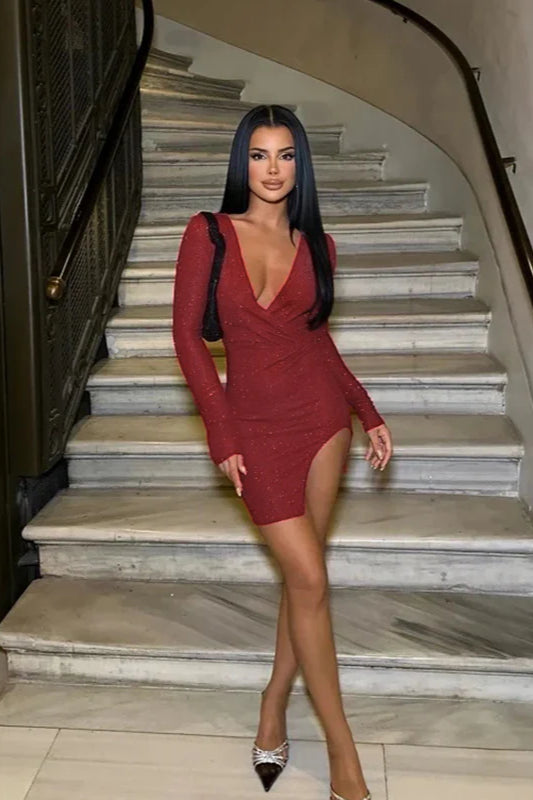 Fall Bodycon V-Neck Sparkling Long Sleeve Party Dress