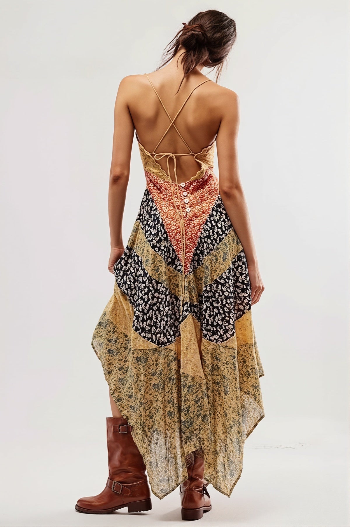 Floral Patchwork V-Neck Handkerchief Hem Slip Midi Dress