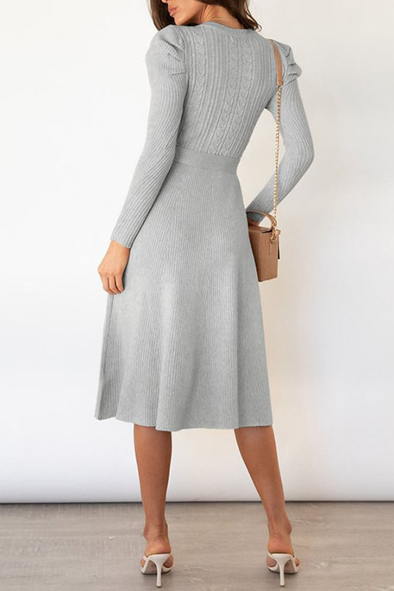 Puff Long Sleeve Belted Knit Sweater Dress