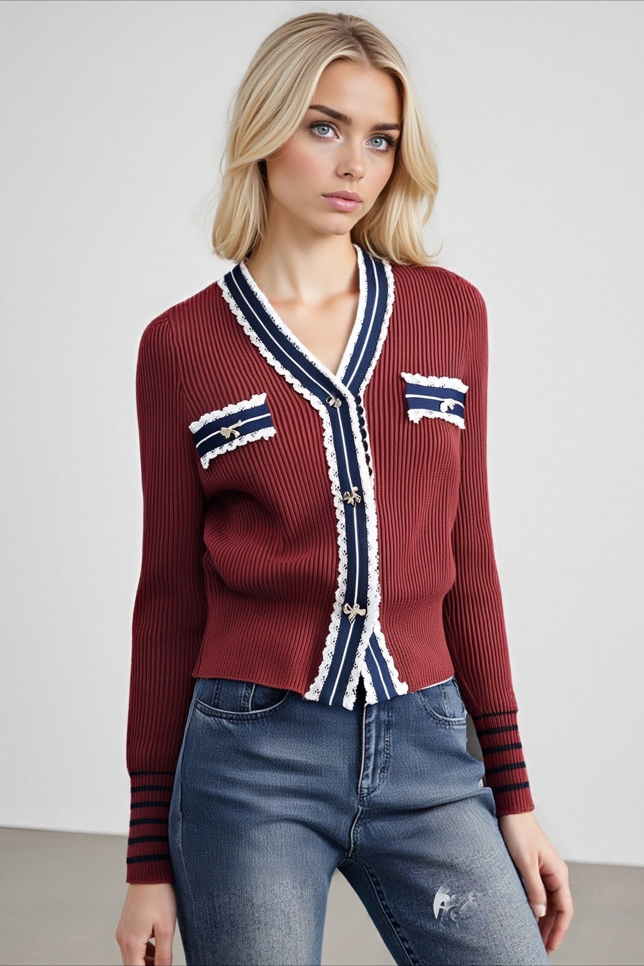 Colorblock Lace Trim V-Neck Knit Cardigan for Stylish Comfort