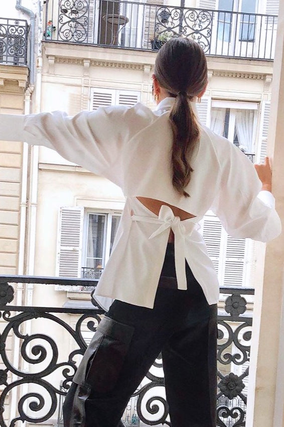 White Backless Tie Waist Blouse