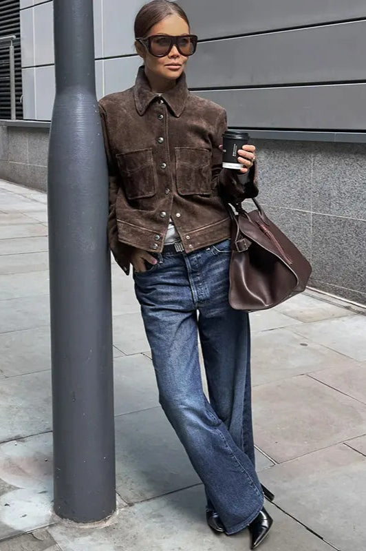 Brown Cropped Casual Jacket