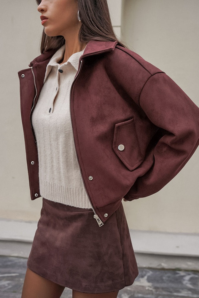 Loose Fit Red-Brown Suede Jacket