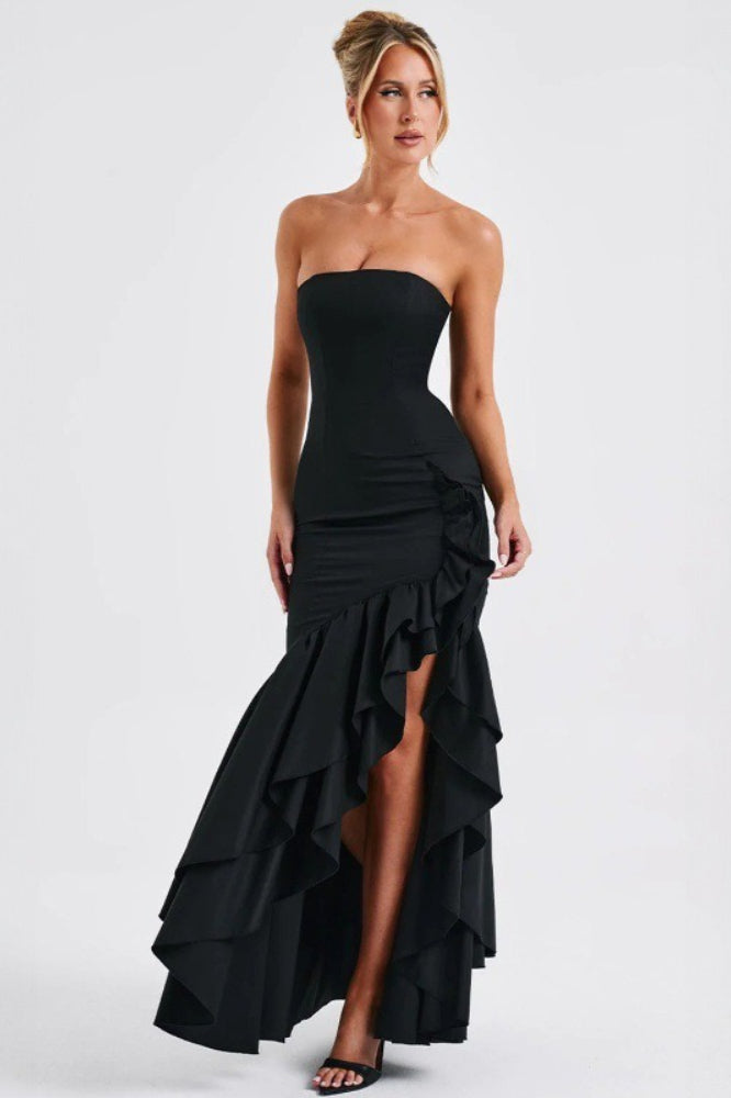 Satin Strapless Corset Ruffle-Hem Mermaid Gown