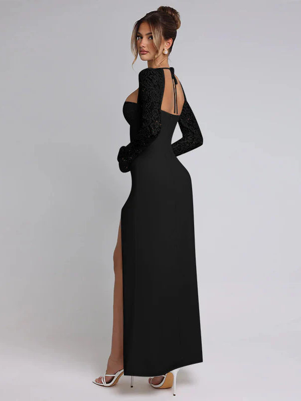 Lace Insert Long Sleeve Split Slim Fit Party Dress - Fashionpara