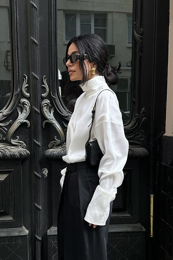Matte Satin Turtleneck Long Sleeve Blouse