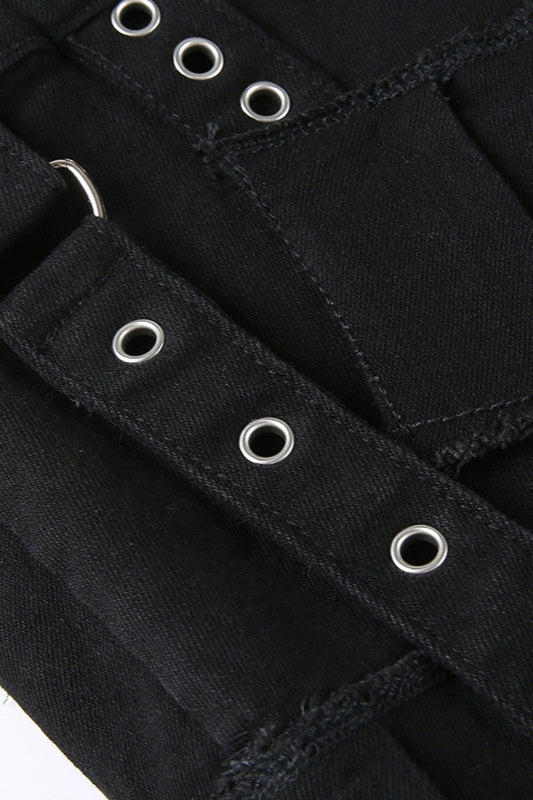 Irregular Denim Pleated Buckle Skirt