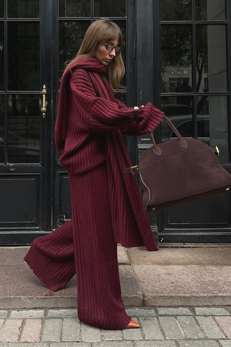 Relaxed Fit V Neck Ribbed Sweater and Pants Set