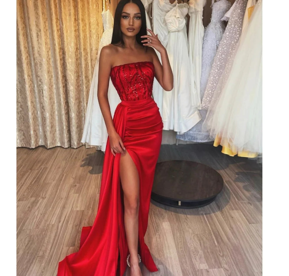 Satin Strapless Beaded Corset Ruched High Split Mermaid Prom Gown