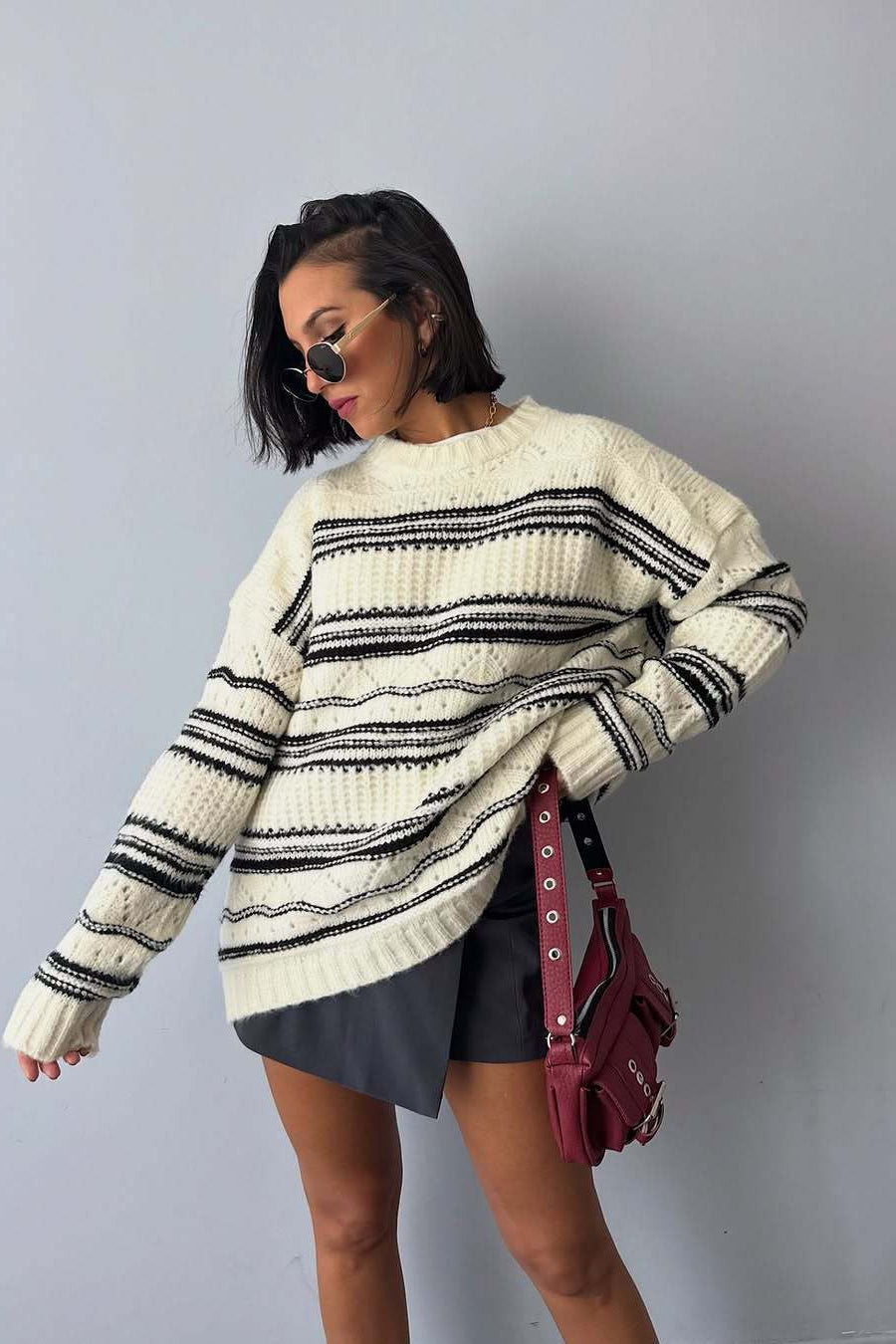 PrincessAce Vintage Thick Striped Knit Crew Neck Sweater