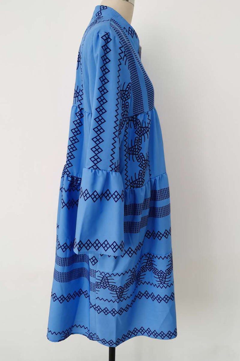 Mandarin Collar V-Neck Long Sleeve Geometric Print Tiered Mini Dress - View 7