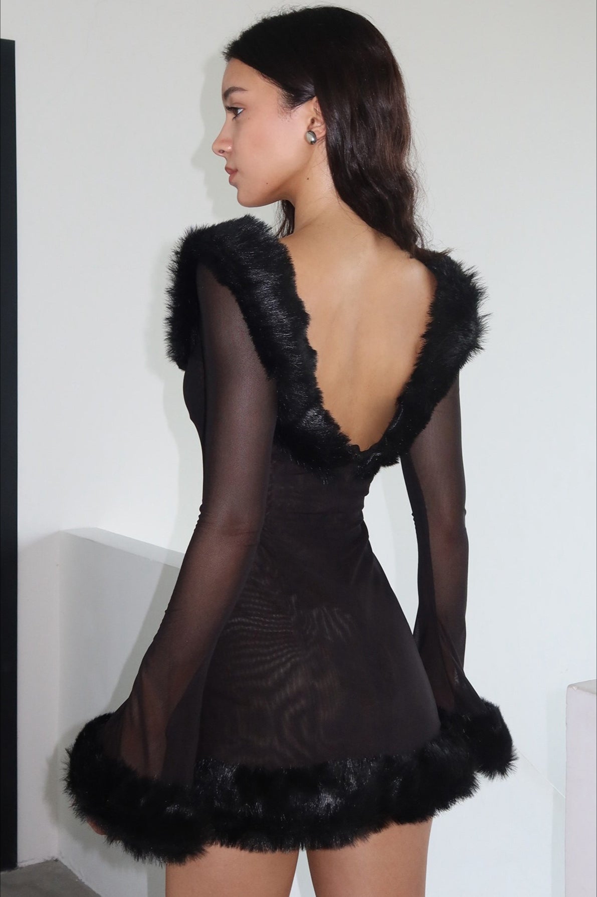 Mesh Faux Fur Trim Square Neck Long Sleeve Mini Dress
