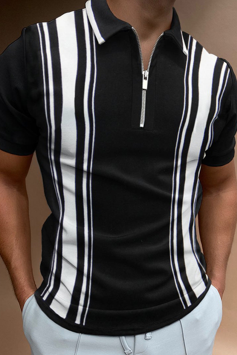 New Mens Holiday Black Solid Color Zipper Casual Polo Shirt - Fashionpara