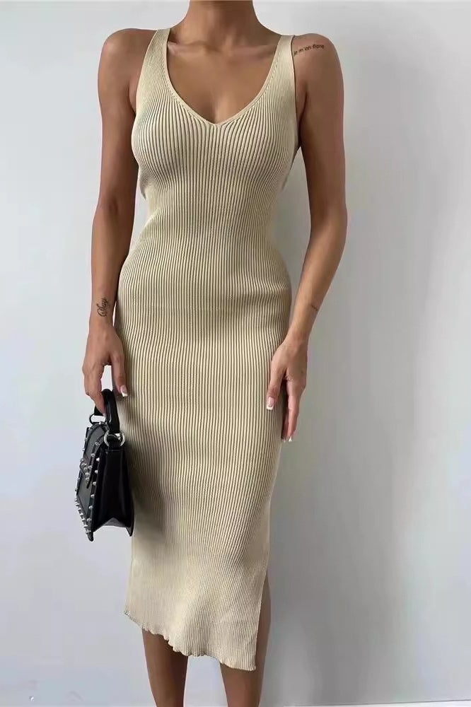 Sleeveless V-Neck Knit Bodycon Midi Split Sweater Dress