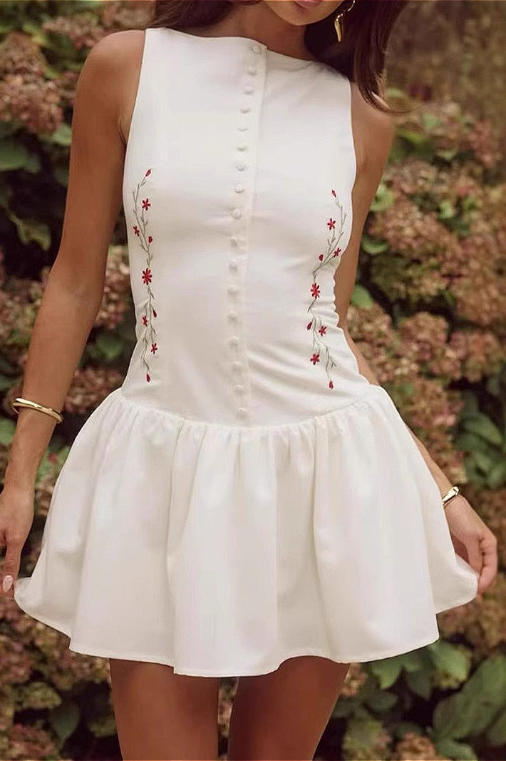 Embroidered Button Front Drop Waist Mini Dress