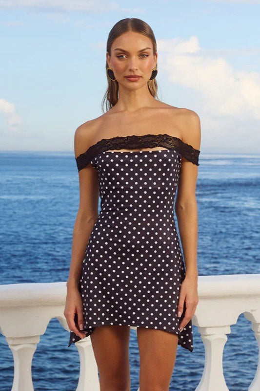 Off Shoulder Polka Dot Lace Trim Bodycon Mini Dress in Black