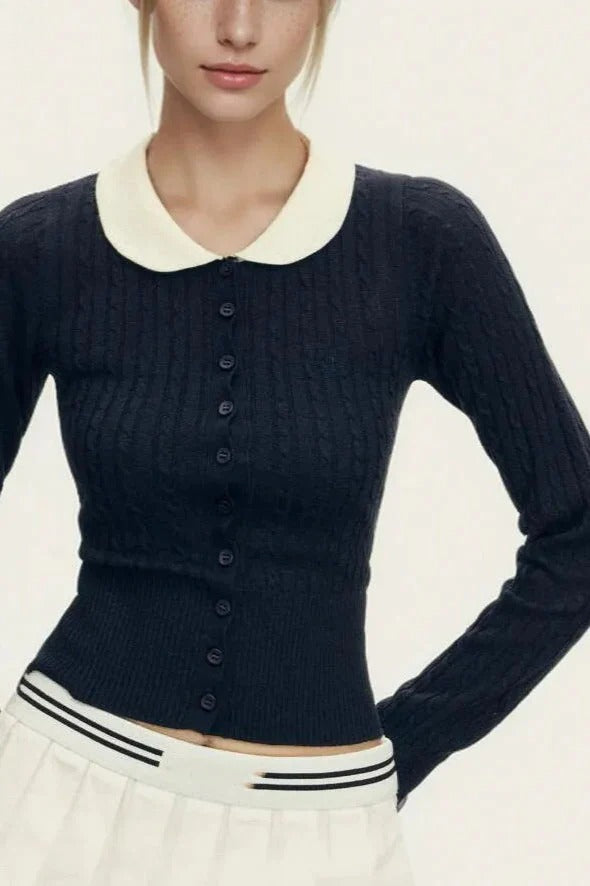 Short Lapel Cable Knit Cardigan
