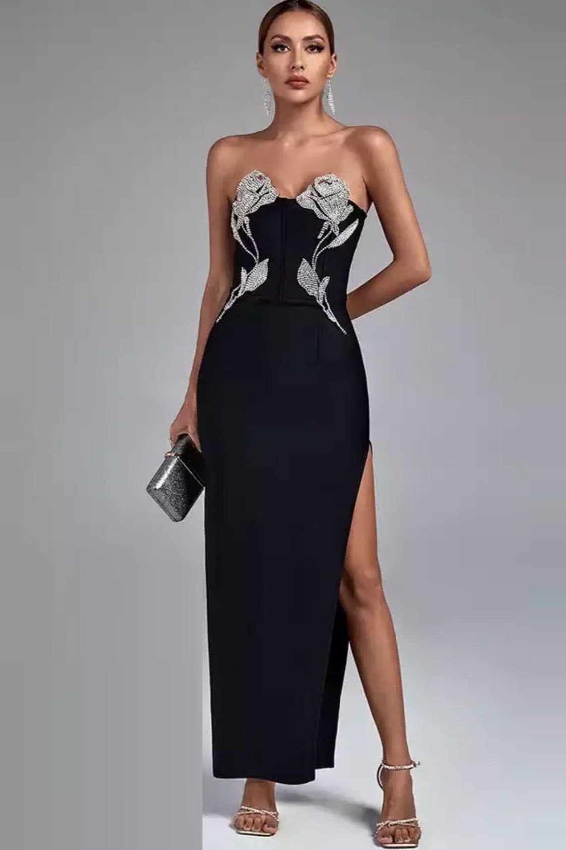 Strapless Crystal Rose Applique Thigh-Slit Dress