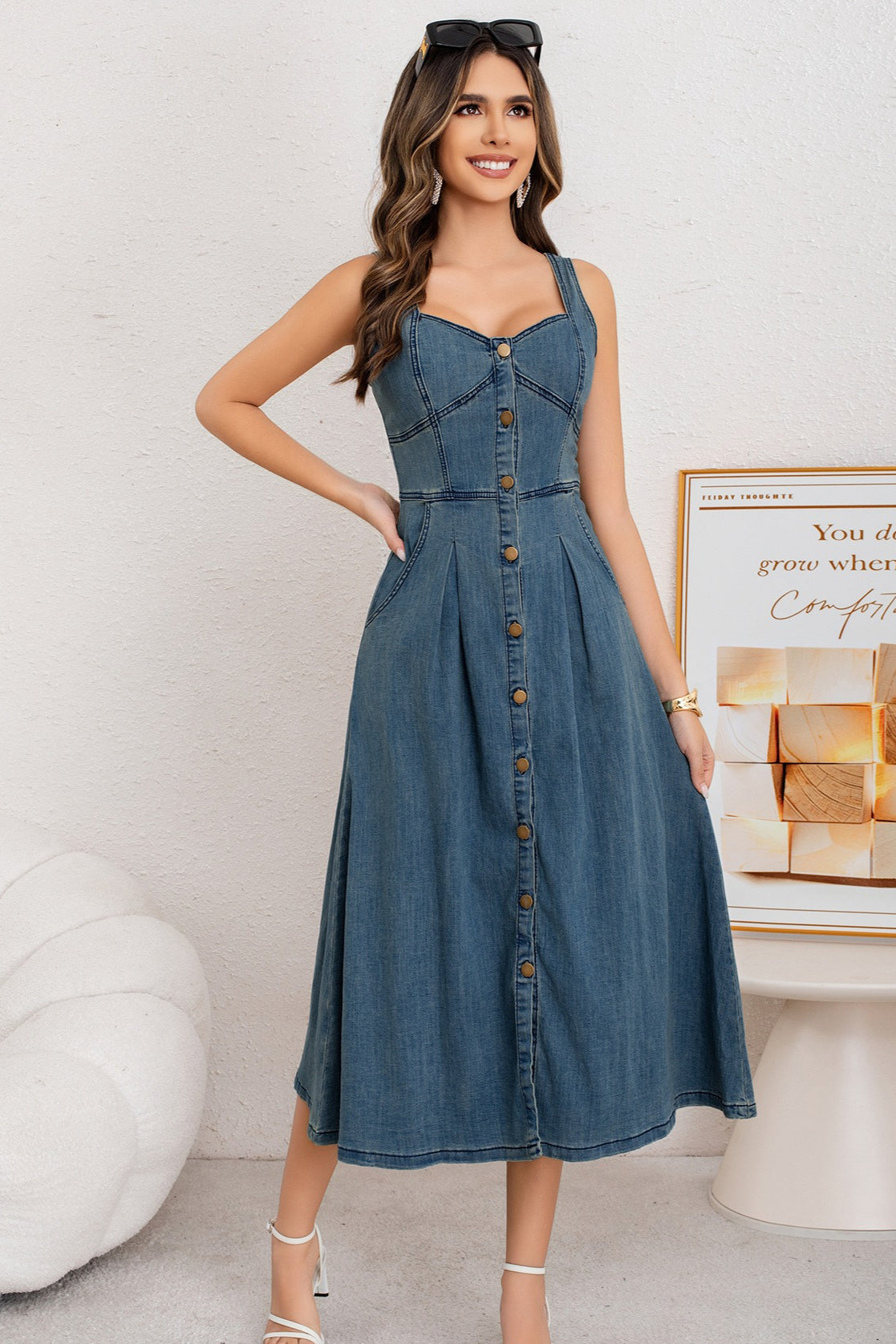 Washed Button Front Cami Denim Dress