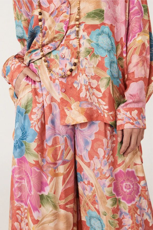 Painter's Garden Boho Floral Print Elastic Waist Pocketed Wide Leg Pants - Fashionpara