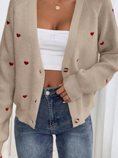 Heart Embroidery V-Neck Cardigan for Cozy Elegance