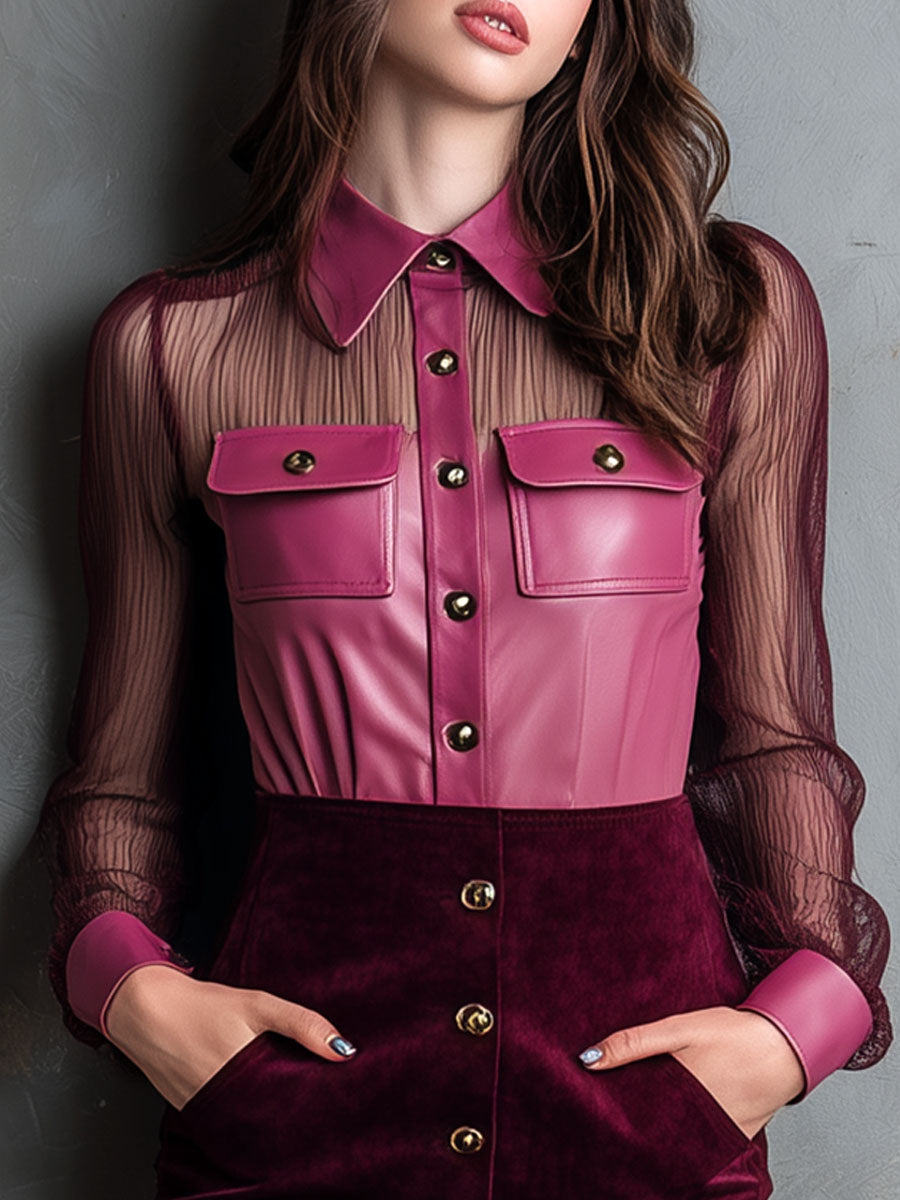 Rose Pink Eco Leather & Sheer Mesh Blouse With Pockets - Fashionpara