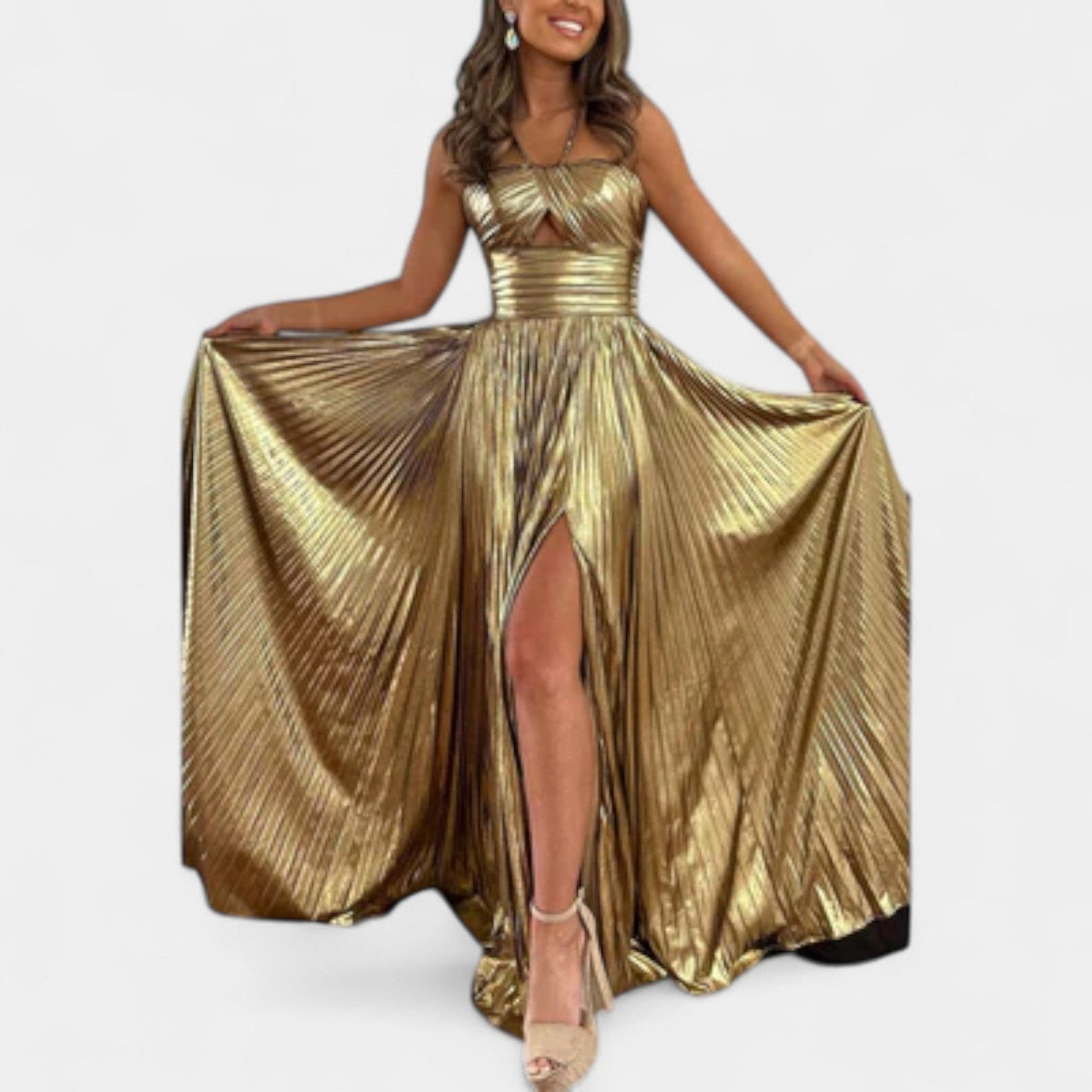 Metallic Pleated Twist Front High Split Maxi Gown