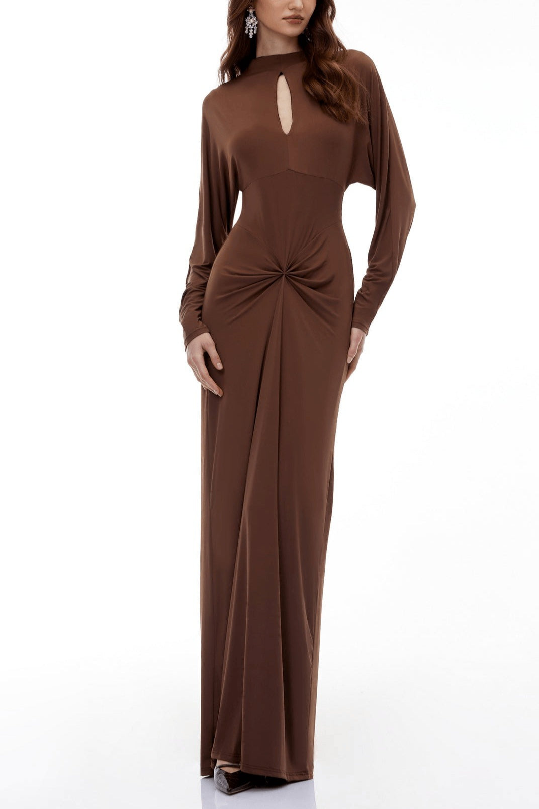 Mock-Neck Long Sleeve Keyhole Twist-Front Maxi Dress