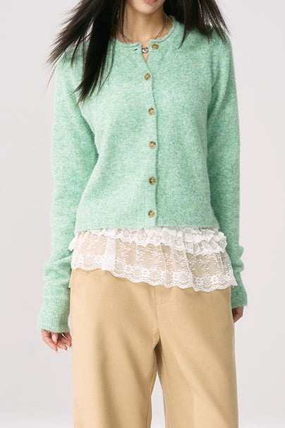 Green Knit Cuffed Solid Cardigan 4
