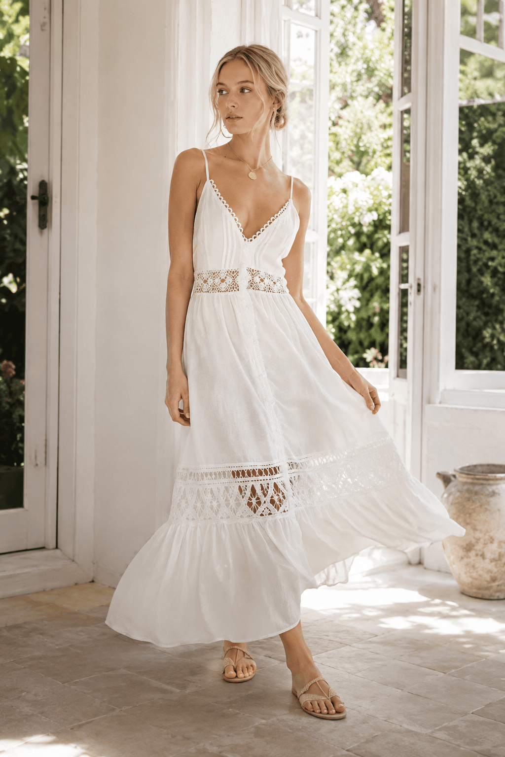 Crochet Lace Trim V-Neck Tiered Maxi Dress 3