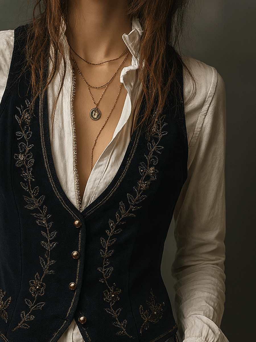 Vintage Black VelvetGold Stitching Waistcoat