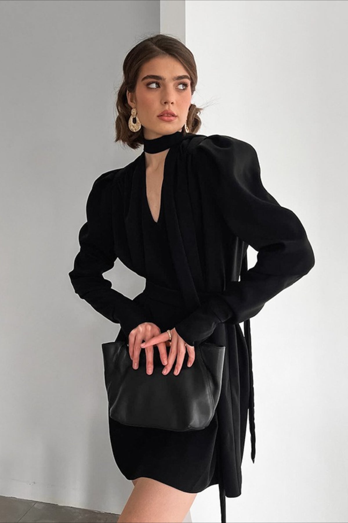 Satin High Neck Puff Sleeve Wrap Mini Dress