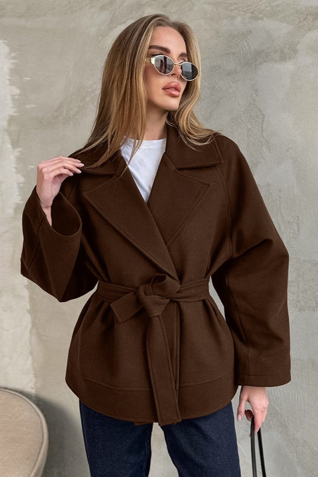 Elegant Brown Wool Blend Midi Coat with Belted Design