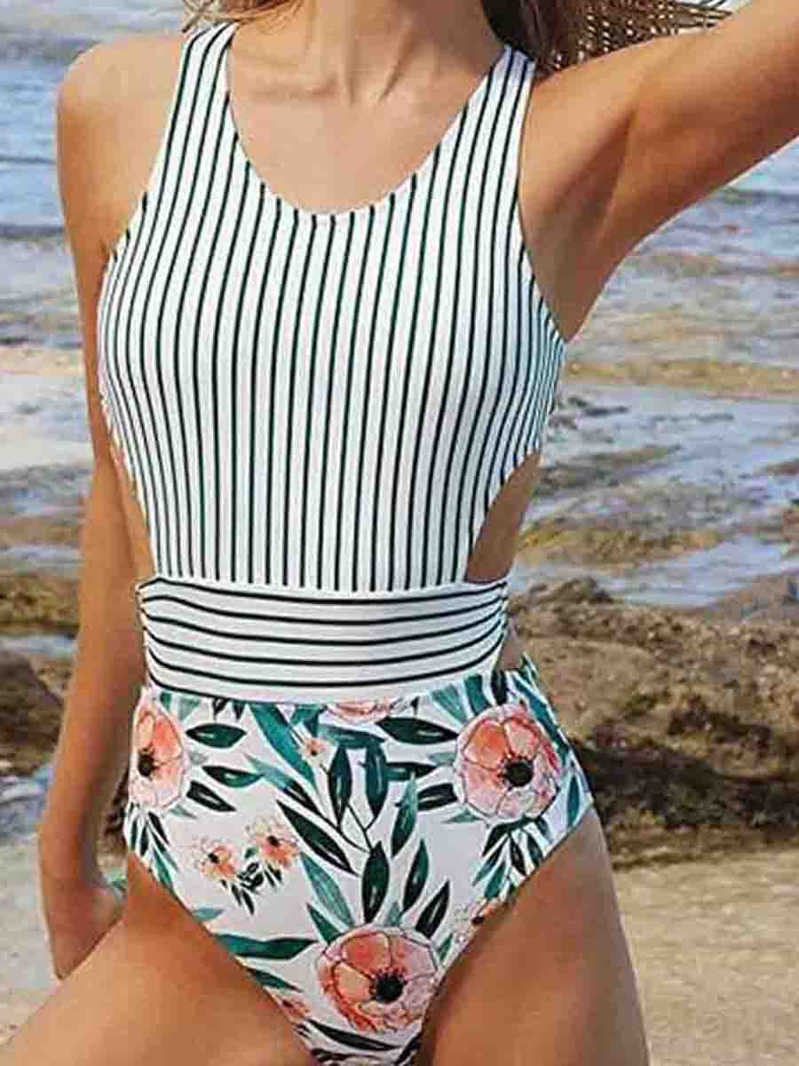 Hollow-out Design Patchwork One-piece Swimsuit - Fashionpara