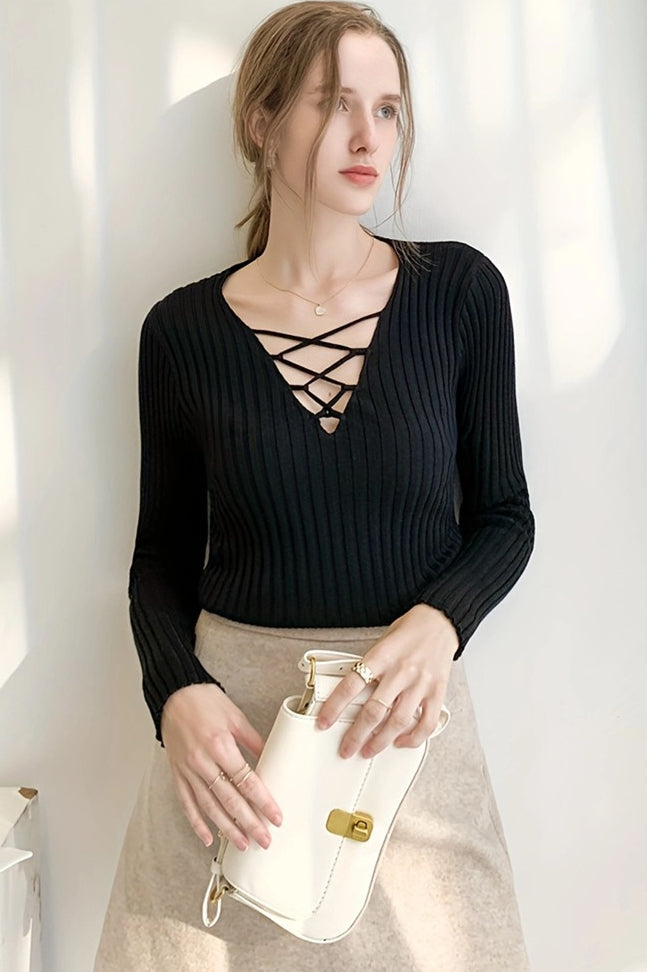 Slim Fit Lace Up V Neck Sweater