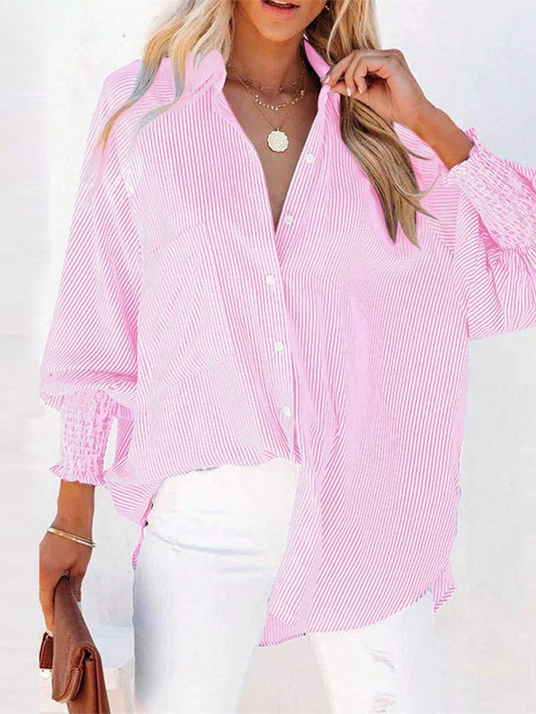 Pleated Lapel Neck Lantern Sleeve Blouse