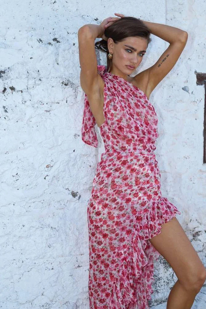 Floral Print One Shoulder Ruffle Asymmetric Midi Dress