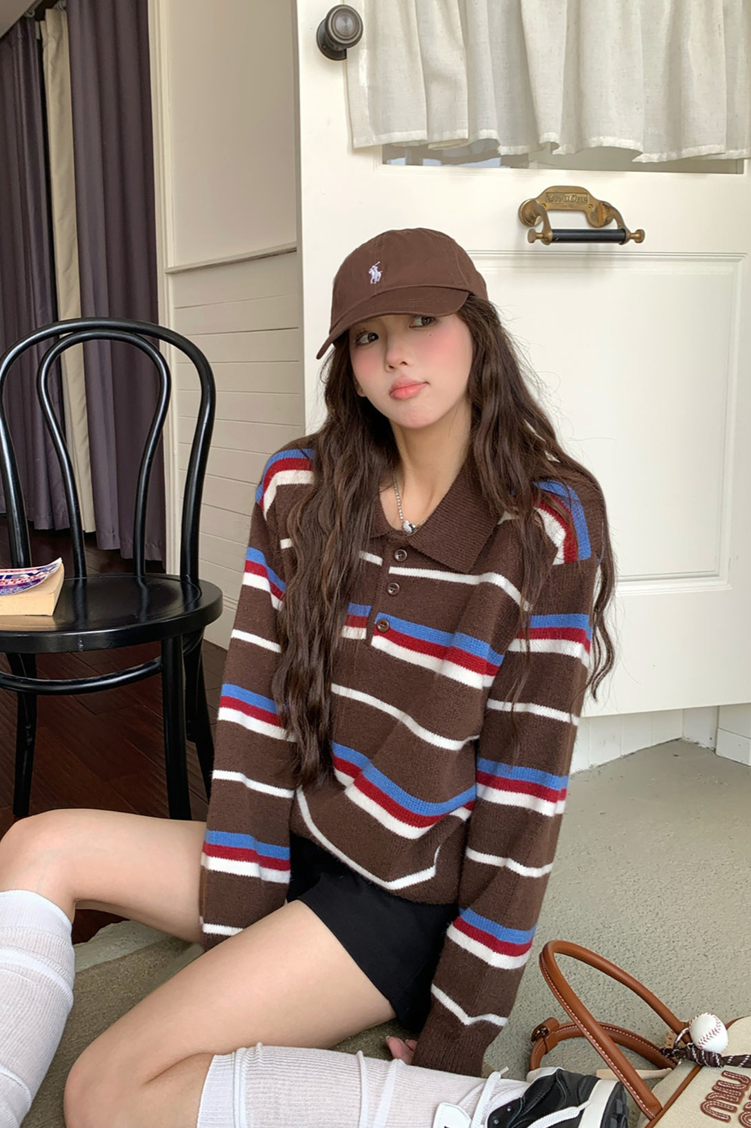 Stripe Polo Collar Relaxed Sweater