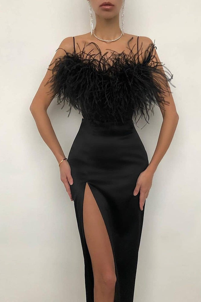 Feather-Trim Bustier Thigh-Split Bodycon Maxi Dress