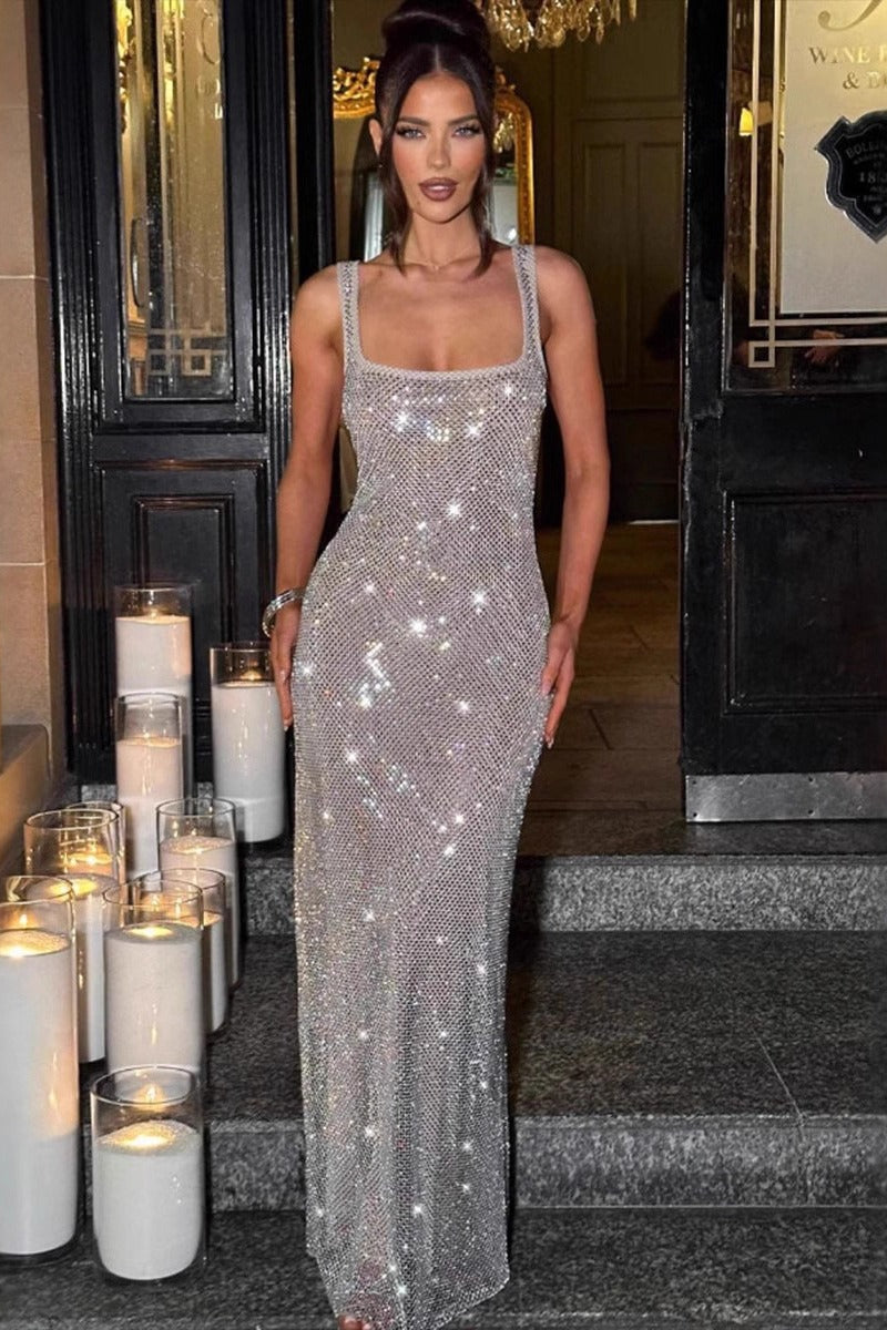Rhinestone Square Neck Bodycon Maxi Dress