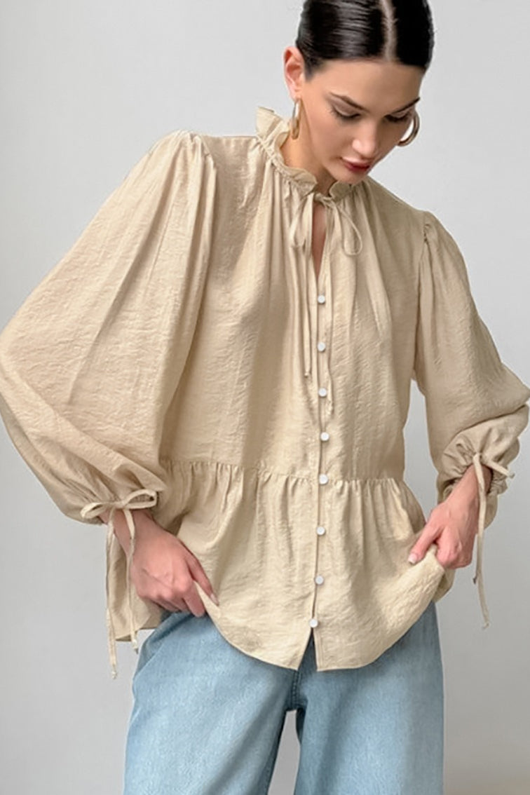 Sheer Puff Sleeve Tie Blouse - Fashionpara