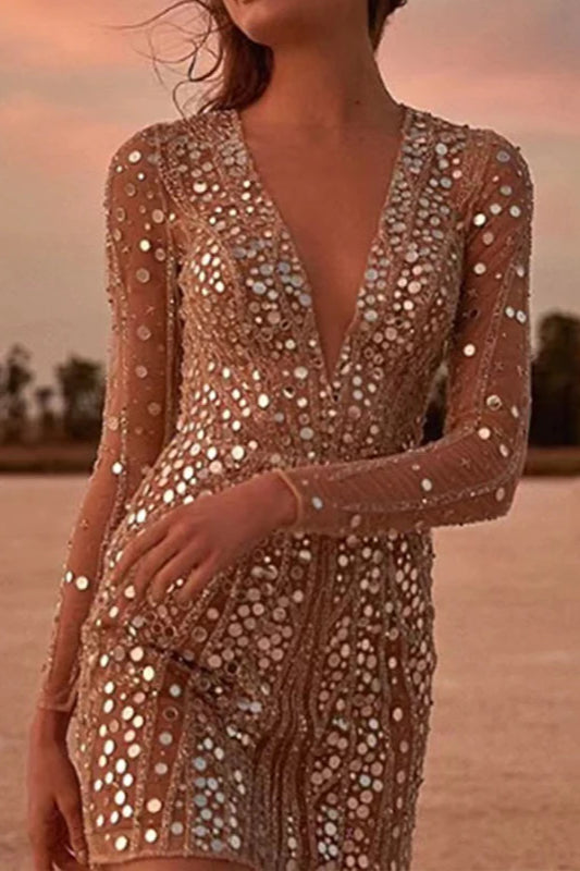 Sequin Embellished V-Neck Long Sleeve Mini Dress