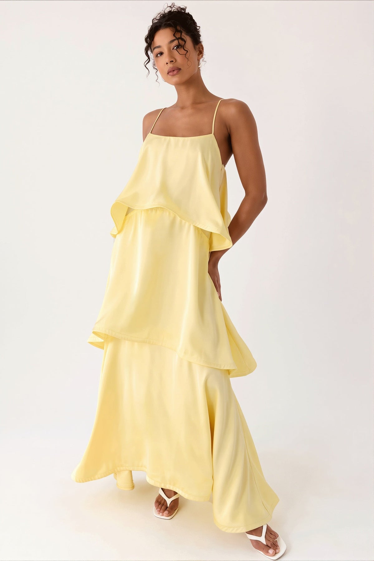 Satin Tiered Ruffle Spaghetti Strap Maxi Dress