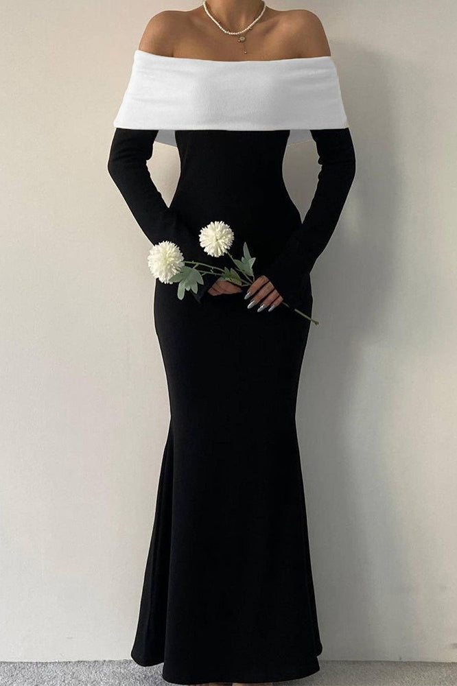Colorblock Off Shoulder Bodycon Maxi Dress