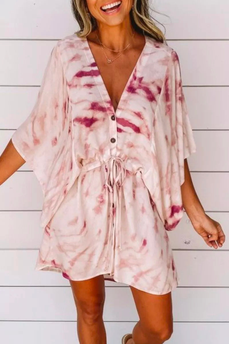 V Neck Tie-dye Purple Mini Dress Fashionpara