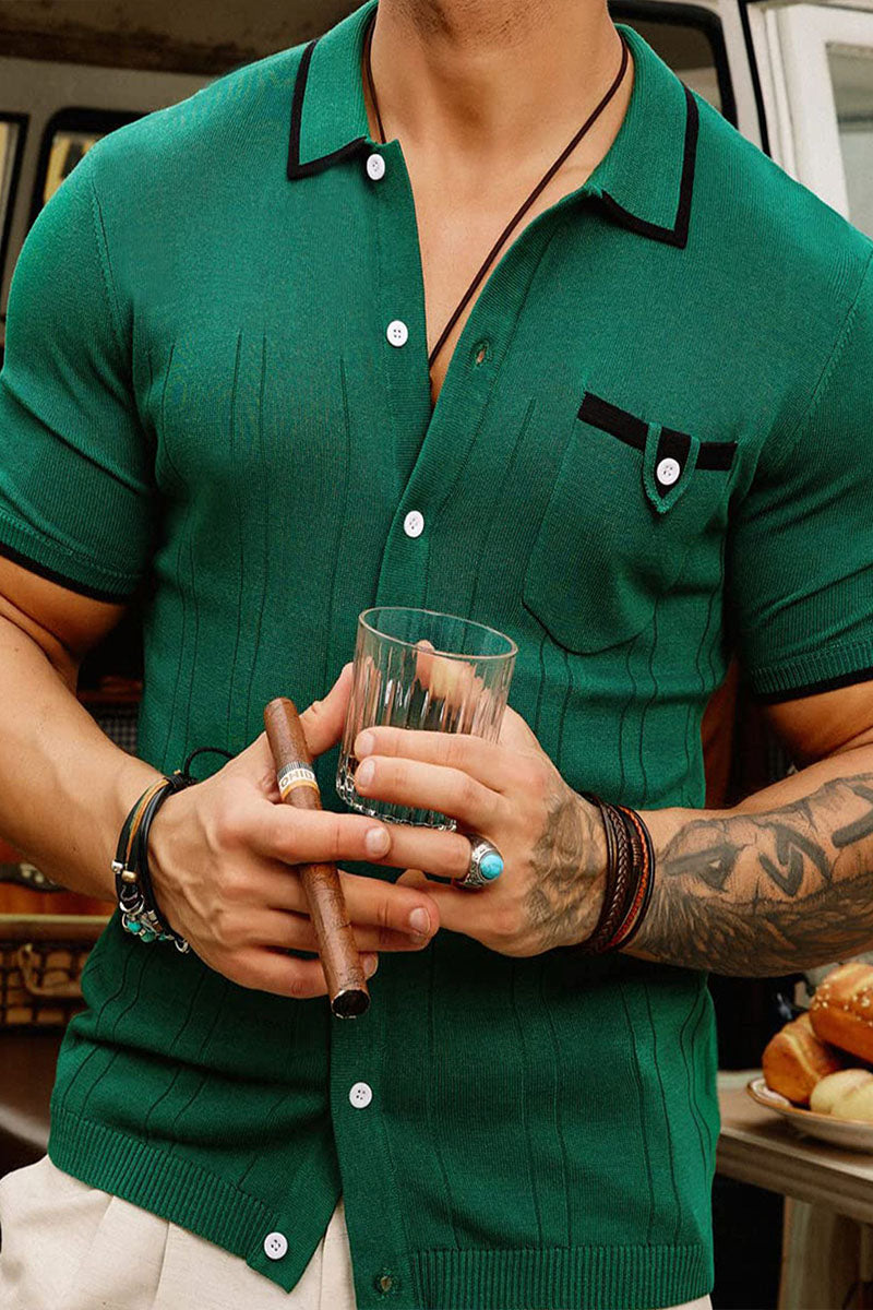 Uniqshe Men's Color Block Short Sleeve Polo Cardigan