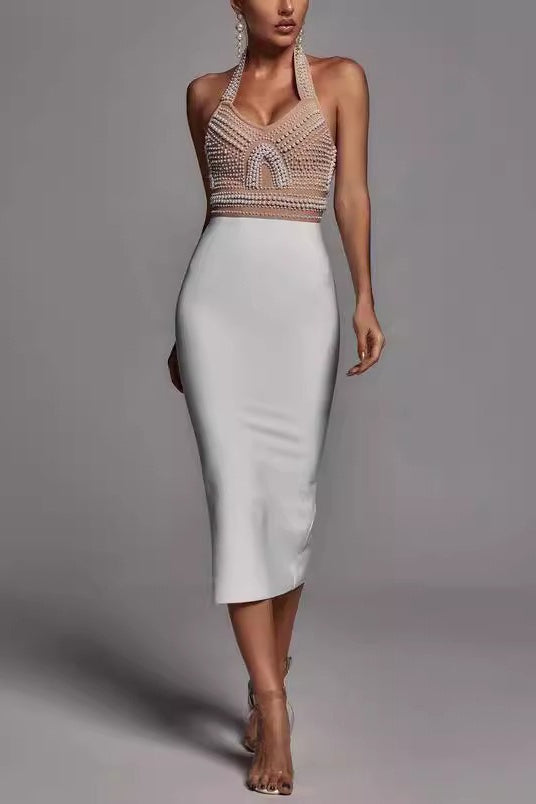 Pearl Beaded Halter Neck Faux Two-Piece Bodycon Midi Cocktail Dress - View 2