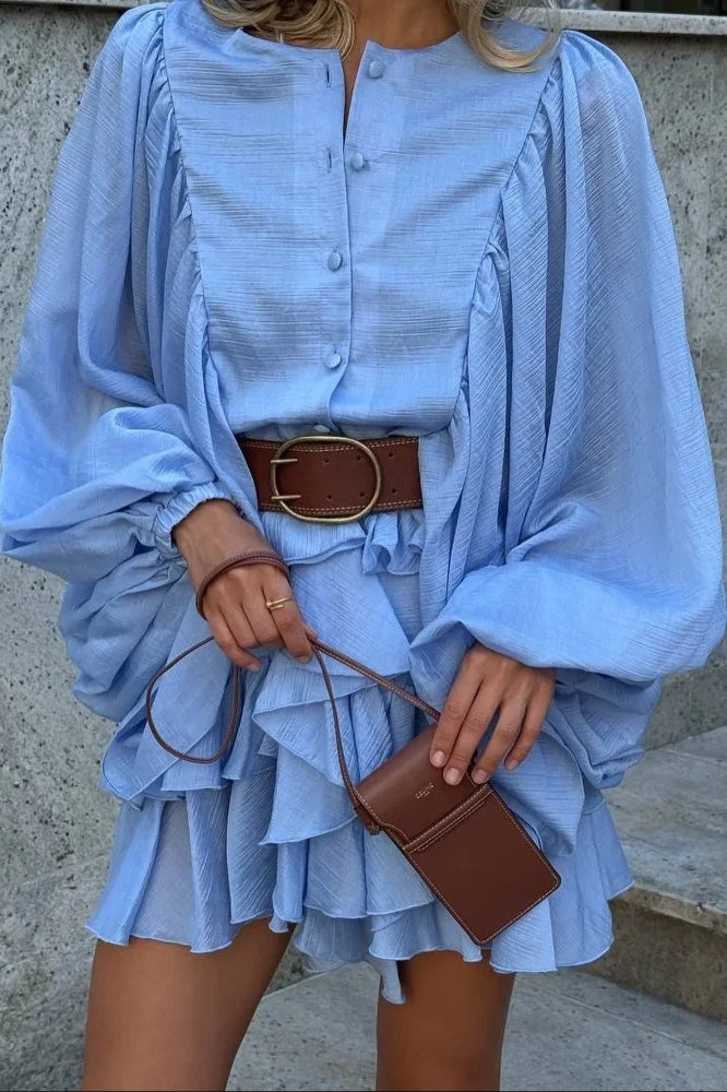 Linen Round Neck Puff Sleeve Ruffle Tiered Mini Dress