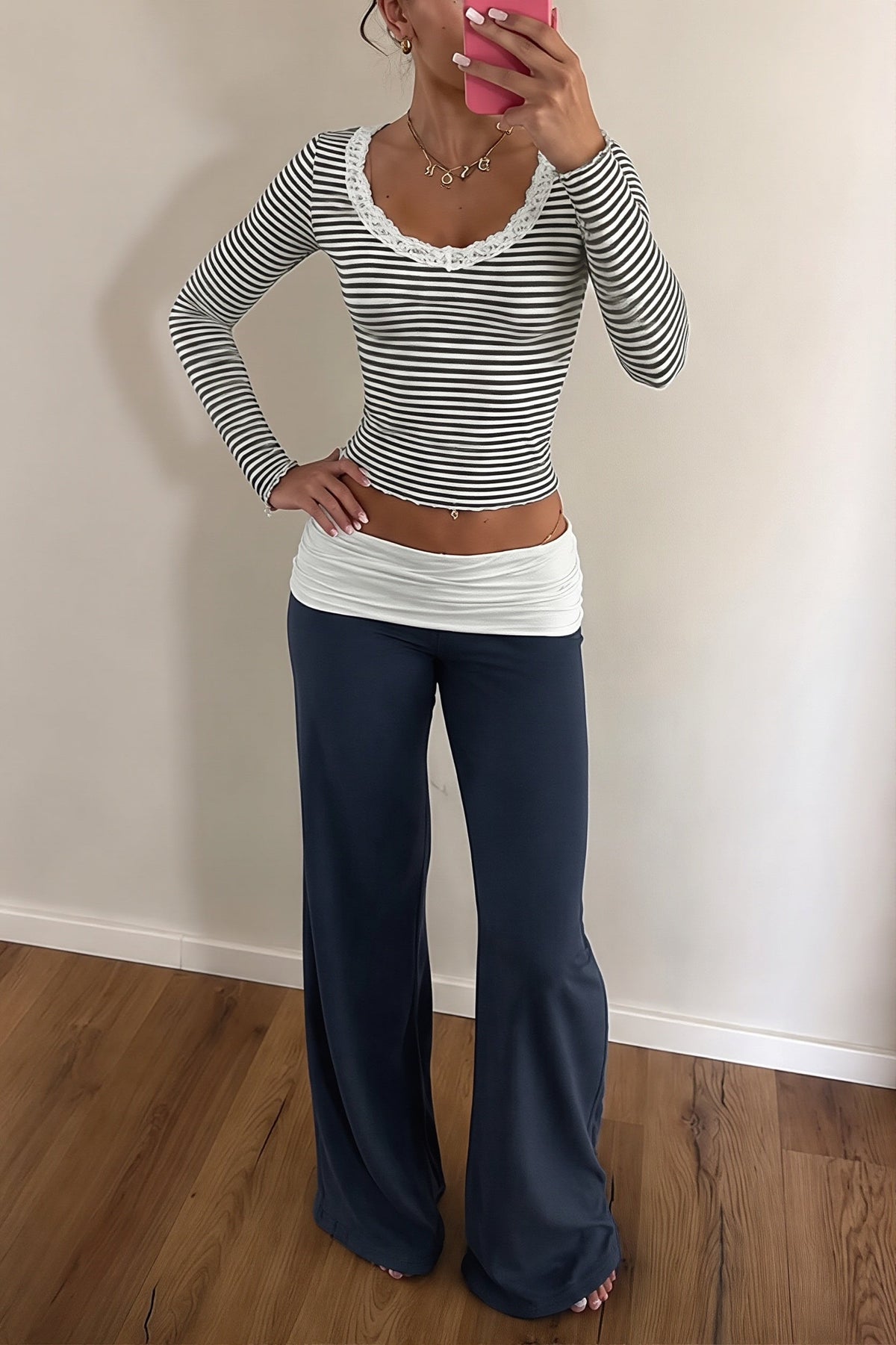 Striped Lace Trim Top and Foldover Pants Set