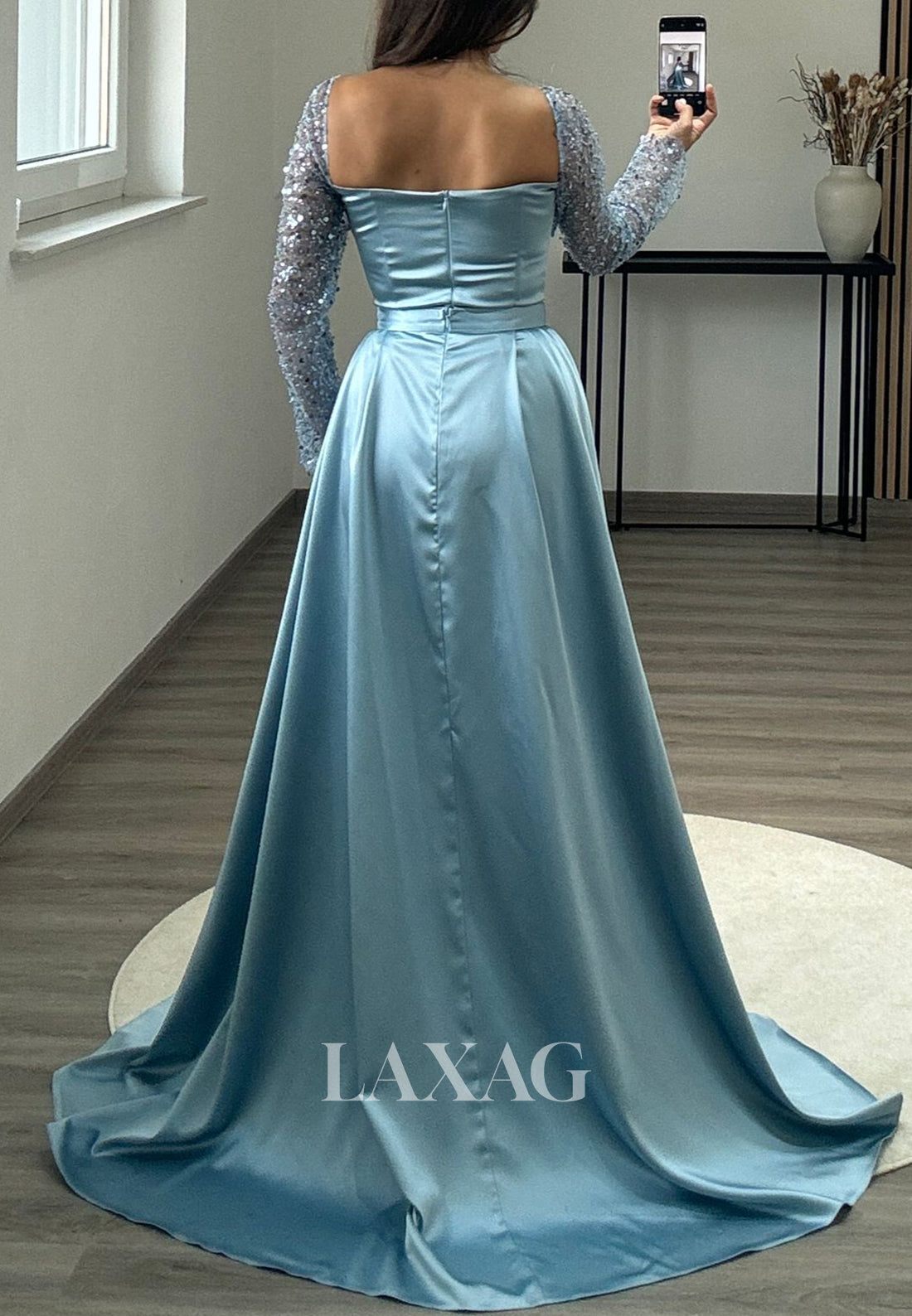 Long Sleeves Square-Nck Pleated Party Gowns Beaded Sequined Mermaid Prom Dress with Overskirt